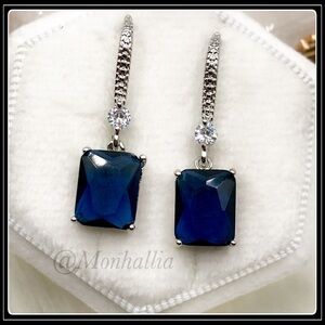 925 SILVER SIMULATED DIAMOND & BLUE SAPPHIRE EMERALD CUT SQUARE DROP EARRINGS